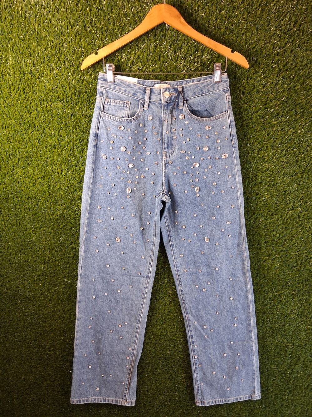 NWT Forever 21 Premium 90's Fit Embellished Jeans Crystal Pearl Denim Blue 26